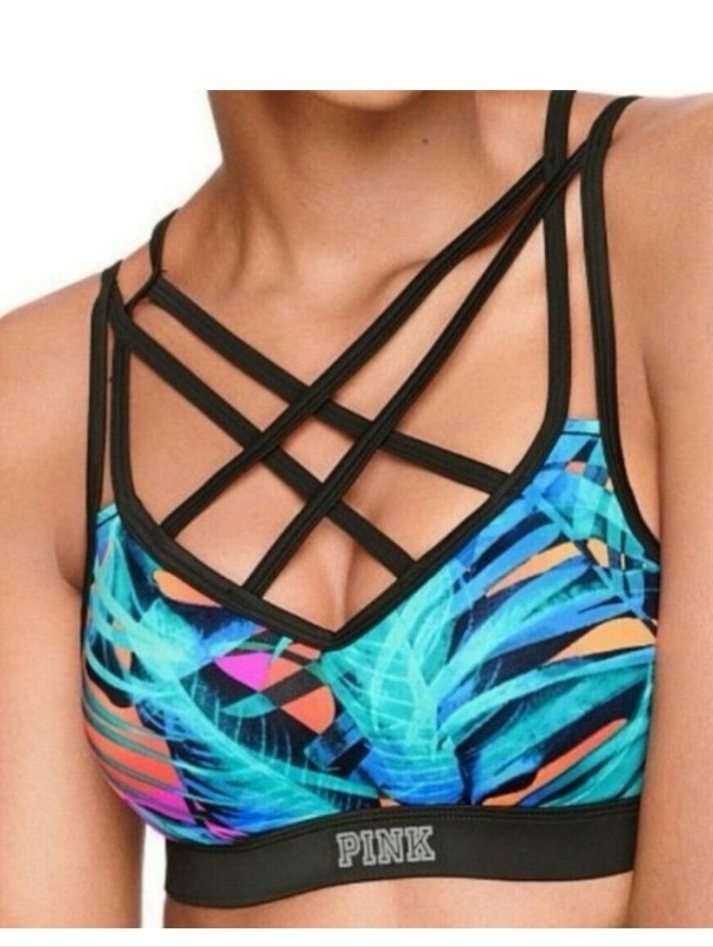 PINK Victoria's Secret Tropical Blue Strappy Sports Bra